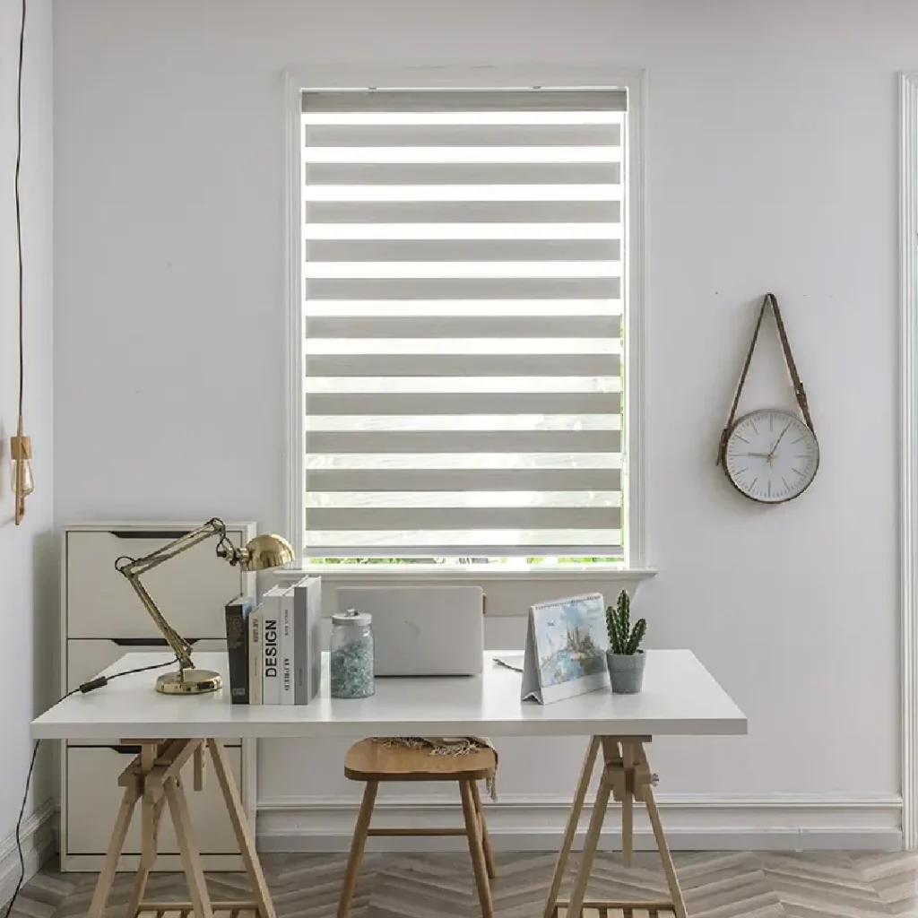 Tech-integrated space with motorized blind on display